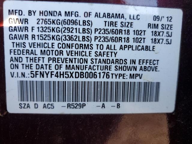 5FNYF4H5XDB006176 - 2013 HONDA PILOT EXL BURGUNDY photo 14