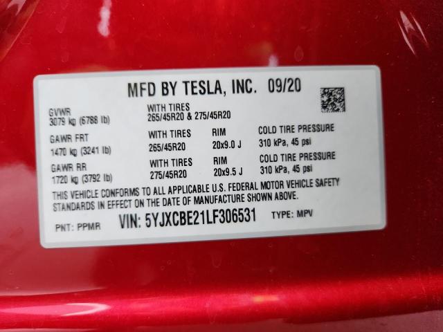 5YJXCBE21LF306531 - 2020 TESLA MODEL X წითელი ფოტო 13