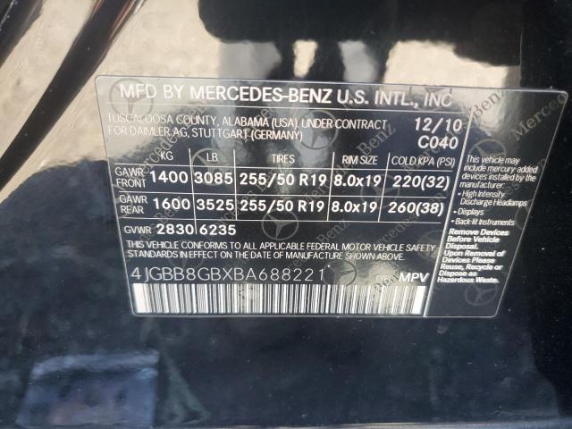 4JGBB8GBXBA688221 - 2011 MERCEDES-BENZ ML 350 4MATIC BLACK photo 13