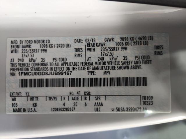 1FMCU0GD8JUB99167 - 2018 FORD ESCAPE SE 白色 照片 13