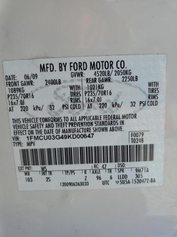 1FMCU03G49KD00647 - 2009 FORD ESCAPE XLT WHITE photo 13