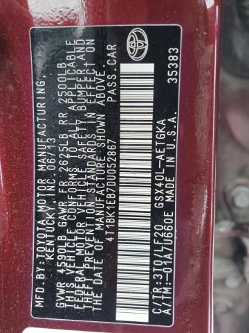 4T1BK1EB7DU052867 - 2013 TOYOTA AVALON BASE 勃艮第红 照片 12