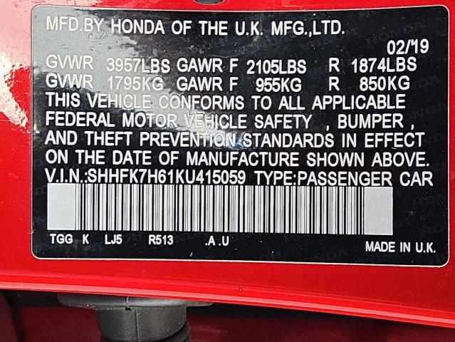 SHHFK7H61KU415059 - 2019 HONDA CIVIC EX Красный фото 12