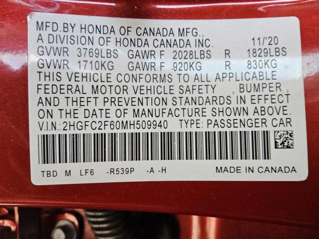 2HGFC2F60MH509940 - 2021 HONDA CIVIC LX أحمر صورة 12