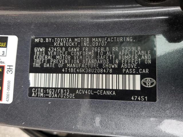 4T1BE46K38U208478 - 2008 TOYOTA CAMRY CE 灰色 照片 12