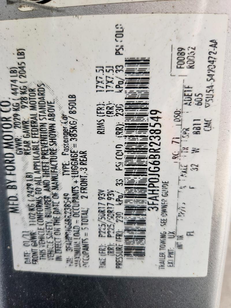 3FAHP0JG6BR238549 - 2011 FORD FUSION SEL SILVER photo 12