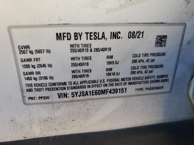 5YJSA1E60MF439151 - 2021 TESLA MODEL S WHITE photo 12