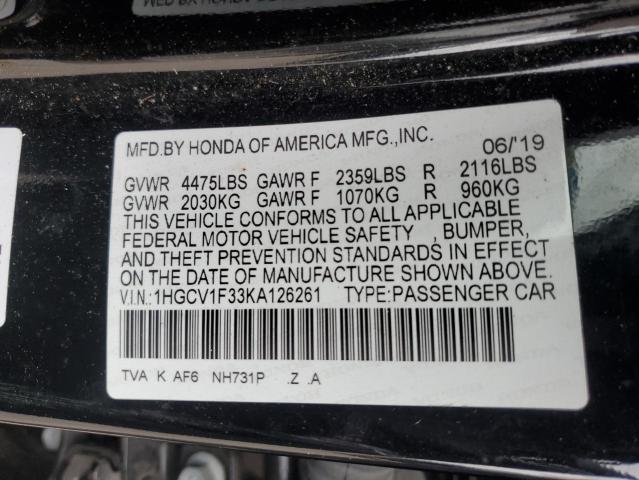 1HGCV1F33KA126261 - 2019 HONDA ACCORD SPORT Czarny zdjęcie 12
