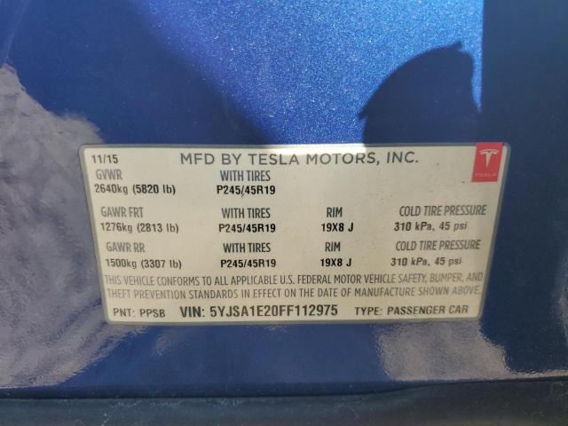 5YJSA1E20FF112975 - 2015 TESLA MODEL S BLUE photo 12