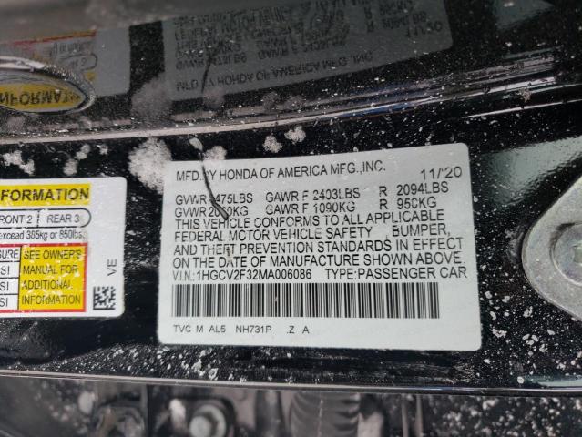 1HGCV2F32MA006086 - 2021 HONDA ACCORD SPORT შავი ფოტო 12