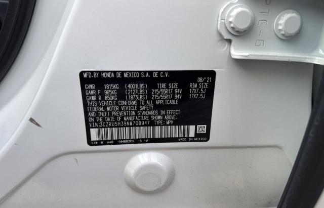 3CZRU5H39NM708947 - 2022 HONDA HR-V LX WHITE photo 10