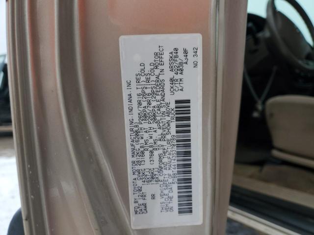 5TBBT44143S370789 - 2003 TOYOTA TUNDRA ACCESS CAB SR5 TAN photo 12