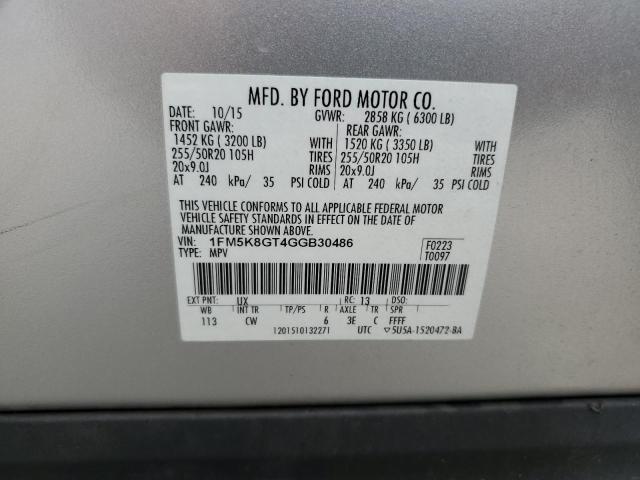 1FM5K8GT4GGB30486 - 2016 FORD EXPLORER SPORT Արծաթագույն լուսանկար 13