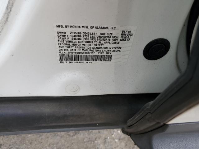 5FNYF5H15KB037187 - 2019 HONDA PILOT LX WHITE photo 13