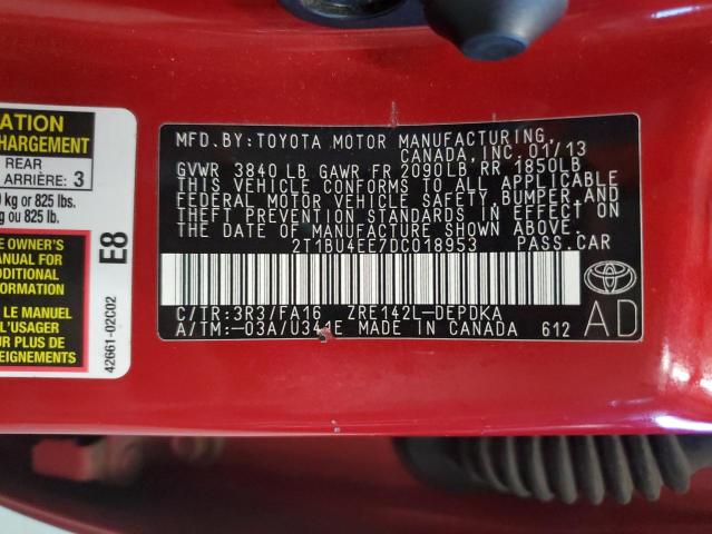 2T1BU4EE7DC018953 - 2013 TOYOTA COROLLA BASE Rot Foto 12