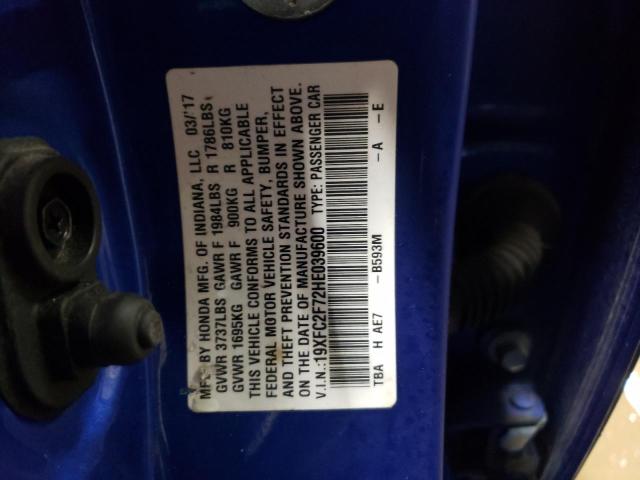 19XFC2F72HE039600 - 2017 HONDA CIVIC EX BLUE photo 12