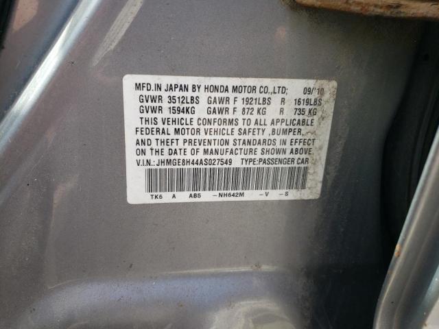 JHMGE8H44AS027549 - 2010 HONDA FIT SPORT 银色 照片 12