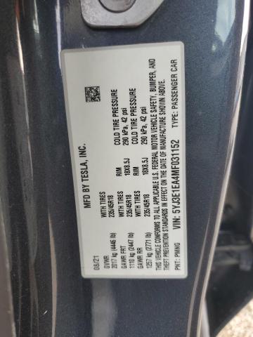5YJ3E1EA4MF031152 - 2021 TESLA MODEL 3 GRAY photo 12