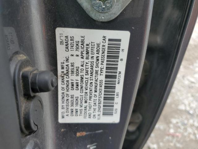 2HGFB2F57CH314555 - 2012 HONDA CIVIC LX 灰色 照片 12