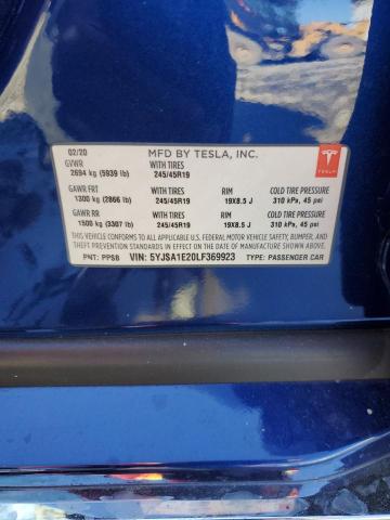 5YJSA1E20LF369923 - 2020 TESLA MODEL S BLUE photo 12