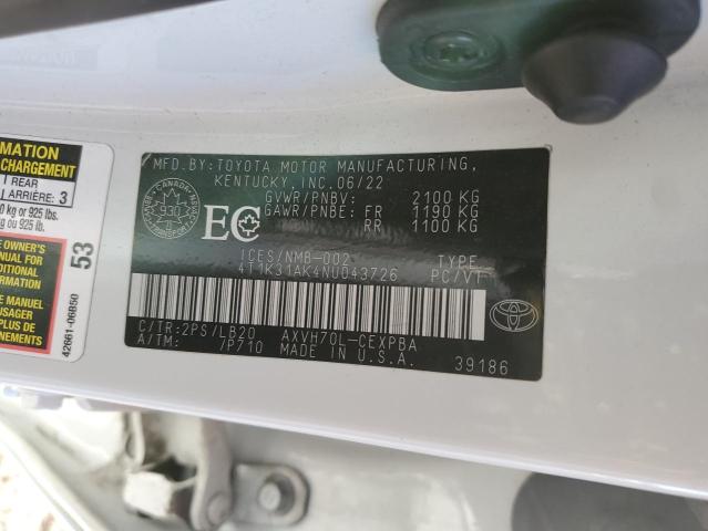 4T1K31AK4NU043726 - 2022 TOYOTA CAMRY XSE WHITE photo 12