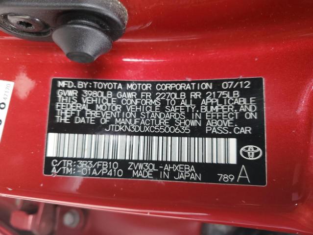 JTDKN3DUXC5500635 - 2012 TOYOTA PRIUS RED photo 13