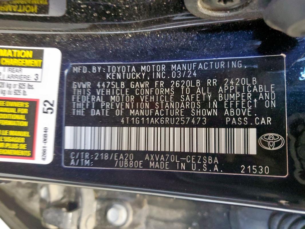 4T1G11AK6RU257473 - 2024 TOYOTA CAMRY SE NIGHT SHADE BLACK photo 12