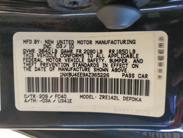 1NXBU4EE9AZ365226 - 2010 TOYOTA COROLLA BASE ნაცრისფერი ფოტო 12