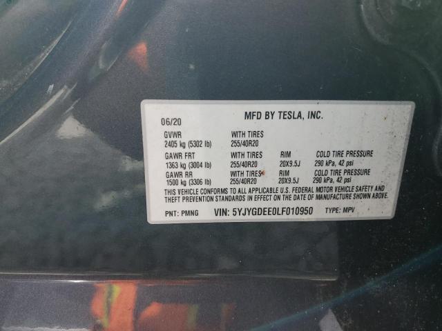 5YJYGDEE0LF010950 - 2020 TESLA MODEL Y Серый фото 12