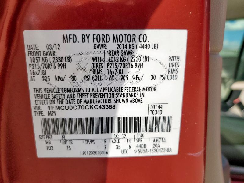 1FMCU0C70CKC43368 - 2012 FORD ESCAPE XLS RED photo 13