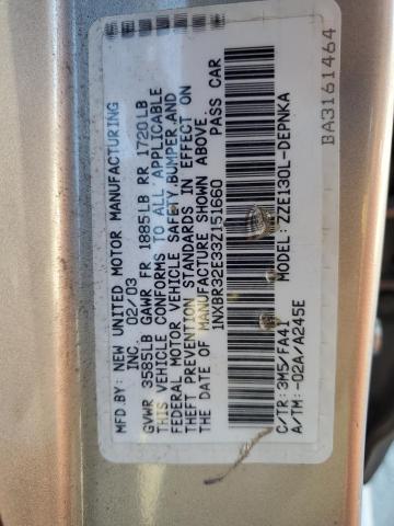 1NXBR32E33Z151660 - 2003 TOYOTA COROLLA CE 金色 照片 12