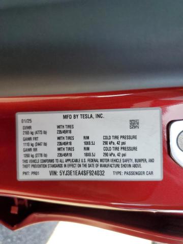 5YJ3E1EA4SF924032 - 2025 TESLA MODEL 3 RED photo 12