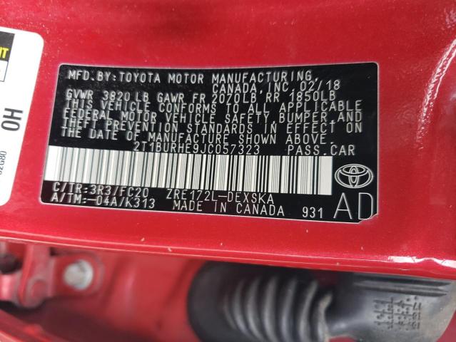 2T1BURHE9JC057323 - 2018 TOYOTA COROLLA L Czerwony zdjęcie 12