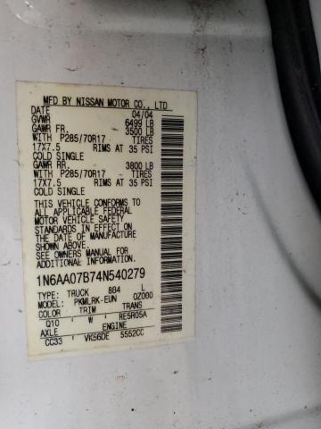 1N6AA07B74N540279 - 2004 NISSAN TITAN XE WHITE photo 12
