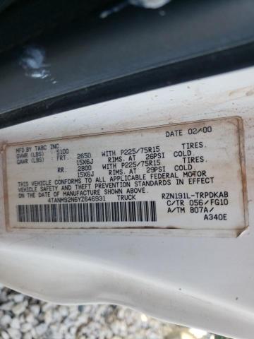 4TANM92N6YZ646931 - 2000 TOYOTA TACOMA PRERUNNER 白色 照片 10