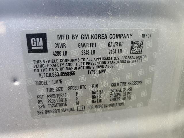 KL7CJLSB3JB558356 - 2018 CHEVROLET TRAX 1LT ვერცხლისფერი ფოტო 12