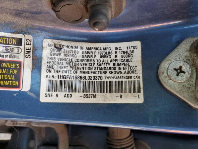 1HGFA16866L020370 - 2006 HONDA CIVIC EX BLUE photo 12