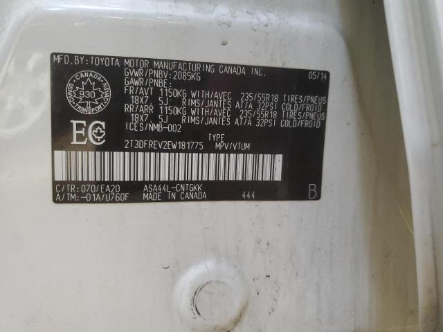 2T3DFREV2EW181775 - 2014 TOYOTA RAV4 LIMITED WHITE photo 14