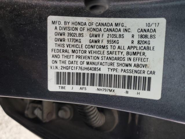 2HGFC1F76JH640854 - 2018 HONDA CIVIC EXL ნაცრისფერი ფოტო 12