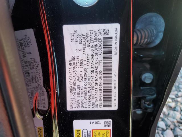2HGFE2F51NH567395 - 2022 HONDA CIVIC SPORT BLACK photo 13