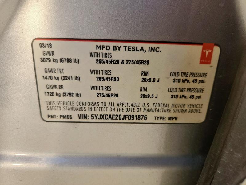 5YJXCAE20JF091876 - 2018 TESLA MODEL X Argent photo 13