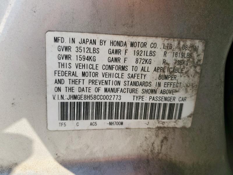 JHMGE8H58CC002773 - 2012 HONDA FIT SPORT SILVER photo 13