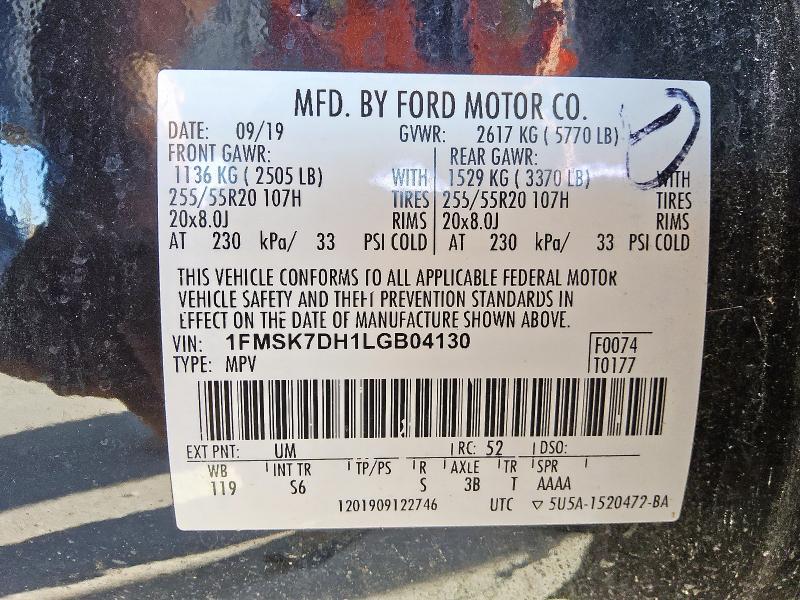 1FMSK7DH1LGB04130 - 2020 FORD EXPLORER XLT BLACK photo 13