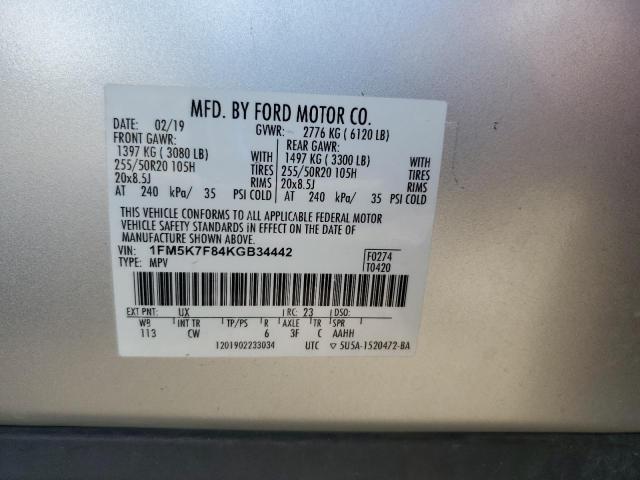 1FM5K7F84KGB34442 - 2019 FORD EXPLORER LIMITED SILVER photo 13