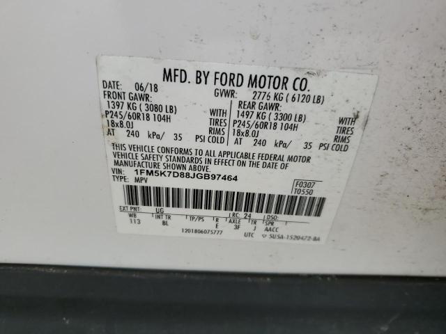 1FM5K7D88JGB97464 - 2018 FORD EXPLORER XLT WHITE photo 13