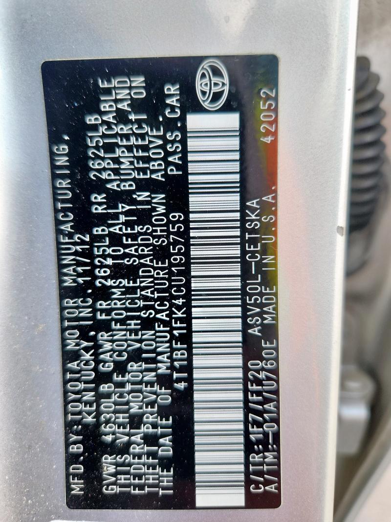 4T1BF1FK4CU195759 - 2012 TOYOTA CAMRY BASE SILVER photo 12