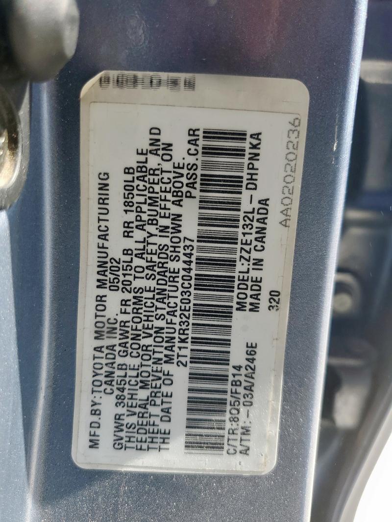 2T1KR32E03C044437 - 2003 TOYOTA COROLLA MA XR BLUE photo 12