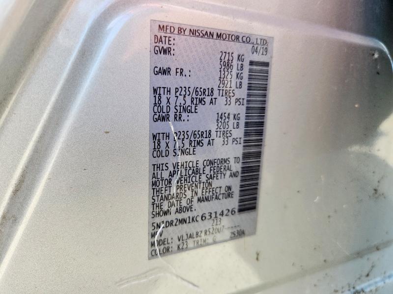 5N1DR2MN1KC631426 - 2019 NISSAN PATHFINDER S SILVER photo 12