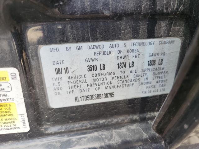 KL1TD5DE3BB138795 - 2011 CHEVROLET AVEO LS BLACK photo 12