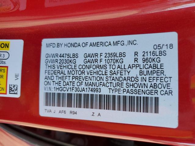 1HGCV1F30JA174993 - 2018 HONDA ACCORD SPORT წითელი ფოტო 12